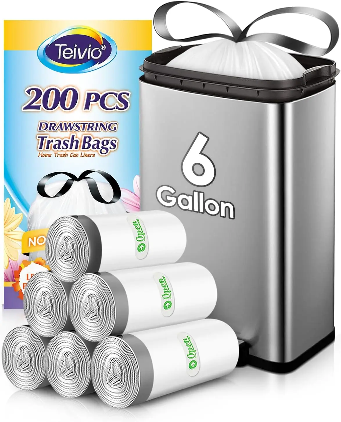 

6 Gallon 200-Count Strong Drawstring Trash Bags for Kitchen, Bathroom & Office - White