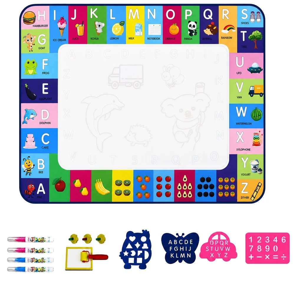 Reusable For Water For Doodle Mat 100x80cm Cloth Drawing Pad with 4 Pens 4 Stencils Roller Stamps Alphabet Numbers Sea