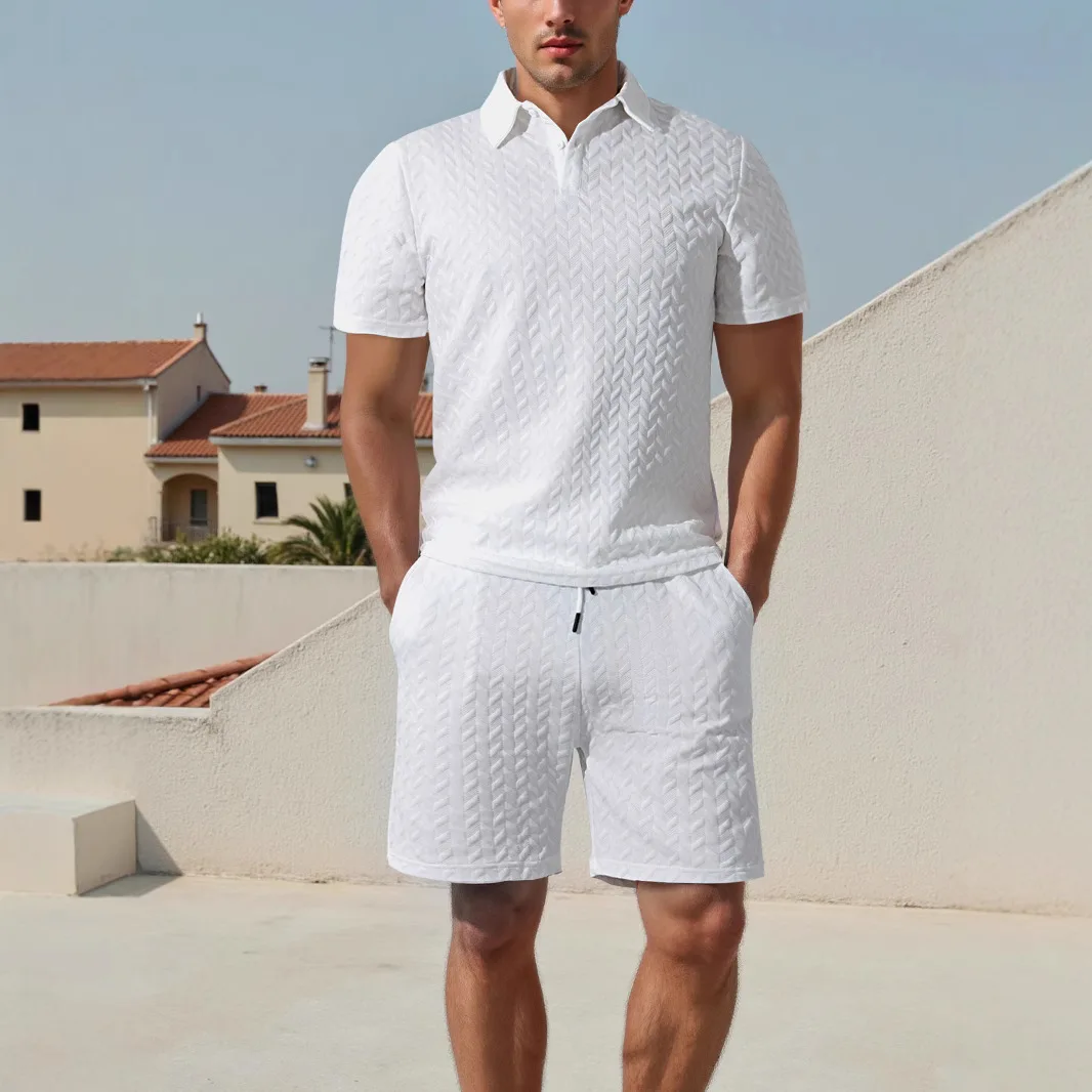 

Men's summer lapel jacquard thin short-sleeved men's casual sports polo shirt set