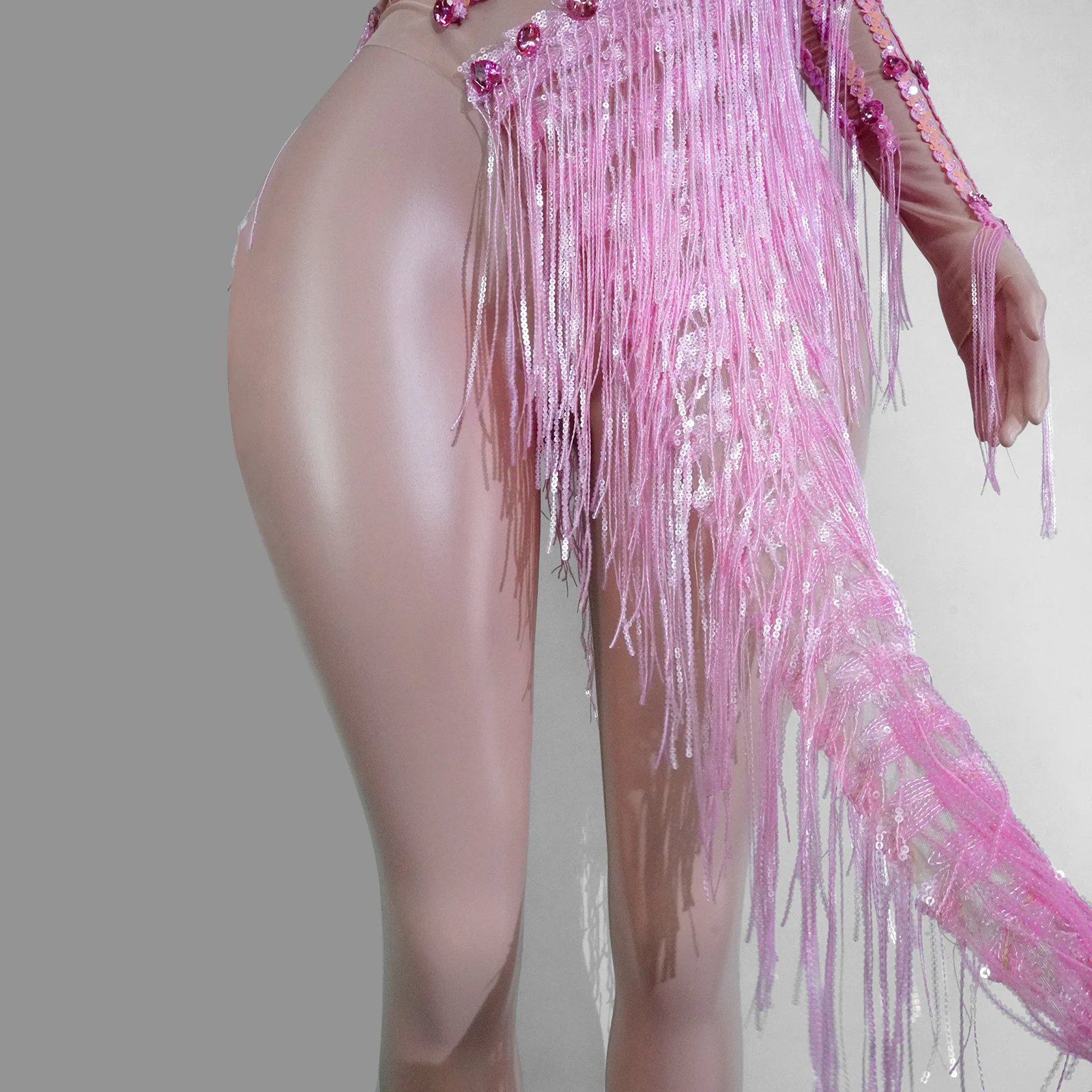 Sexy Mesh See-through Pink Rhinestones Fringe Dress Stage Latin Dance Singer Birthday Party Skirt Nightclub Drag Queen Outfit