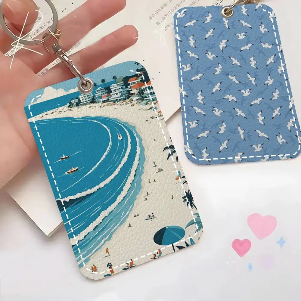 Vintage Maritime Surfing Beach Card Case Keychain Access Card Bag Key Tag Ring Leather Card Holder Key Ring Access