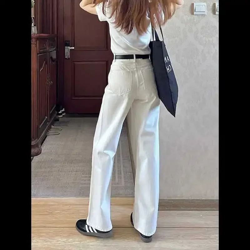 Loose-Fit High-Waisted Straight-Leg Jean Skirt Women's Draped White Wide-Leg Petite Style Casual Trousers