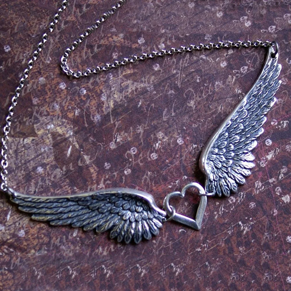 Vintage Angel Wings Feather Heart Choker Big Pendant Link Chains Statement Necklace for Women Collar Bib Wedding Tribal Gift