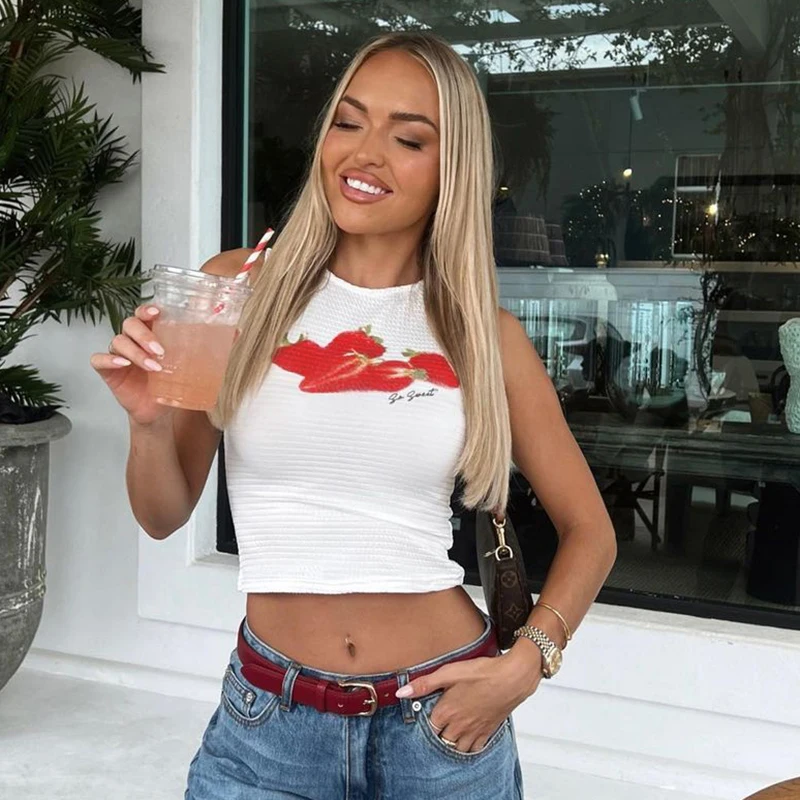 

Summer Sexy Tank Women O-Neck White Tops Crop Top Fashion Strawberry Print Sleeveless Slim Streetwear Casual Solid Female Tank
