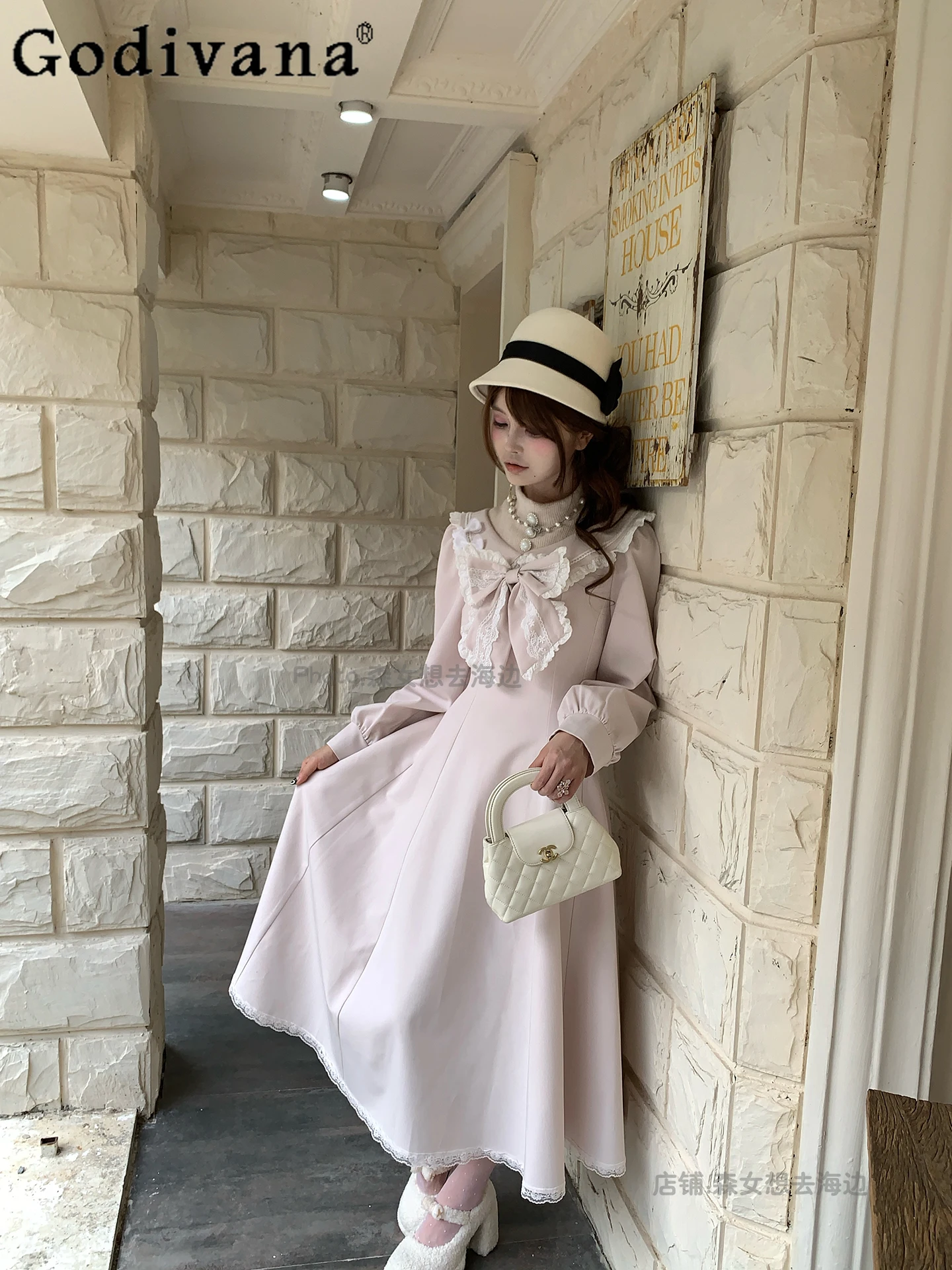 

Japanese Original Lolita Sweet Girl Gentle Style Pink Long Dress Cute Lace Edge Bow Long Sleeve Dress