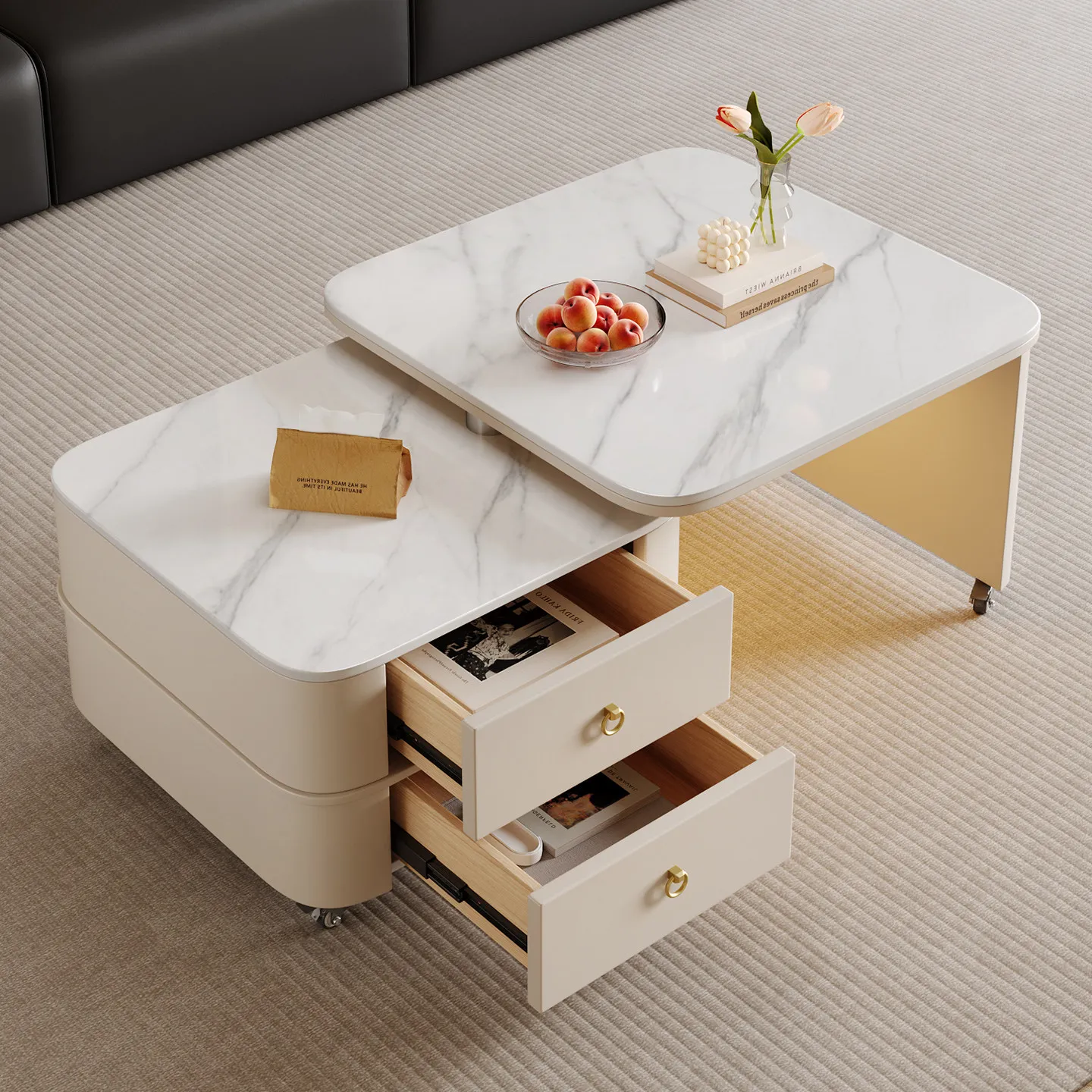 2026 Modern Luxury Cream-Style Coffee Table for Small Apartments Iron Material Rotating Movable Square Design for Living Room