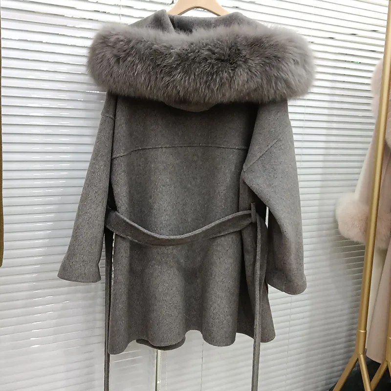 Woman Gray Coat With Real Fox Fur Hooded Trim Loose Warm Wool Blended Plus Size Coats Ladies Belt Jacket Oversize Outwear Female