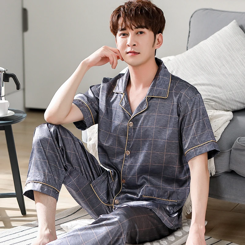 Plaid Long Pants + Short Sleeve Cardigan Tops Pajama Sets Men Summer Silk Satin Pajamas Home Suit Mens Sleepwear Loose Nightwear