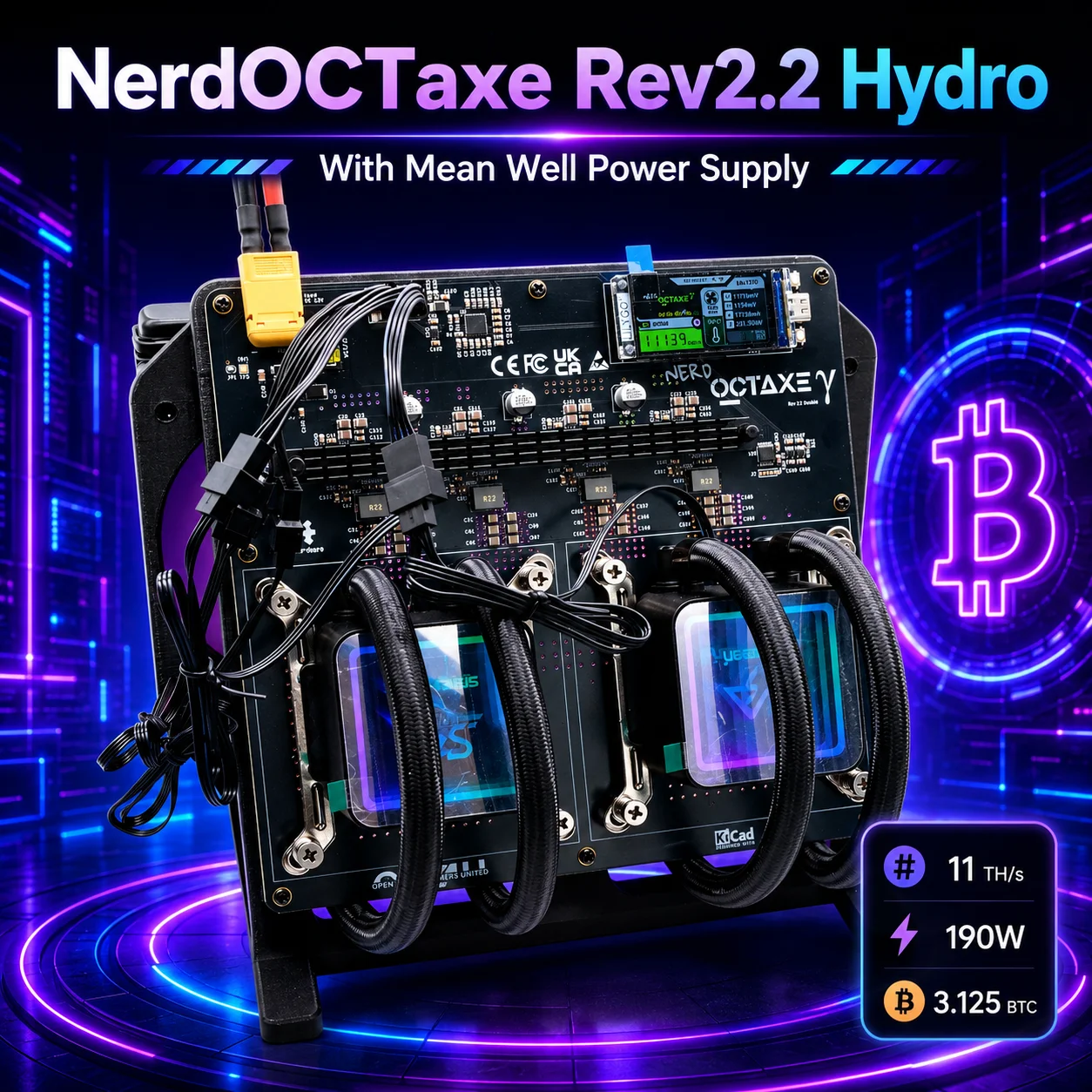 Nerdoctaxe Rev2.2 Hydro Bitcoin Miner 11TH/s 190W Home Open Source with Mean Well Power Supply for Cryptocurrency Mining