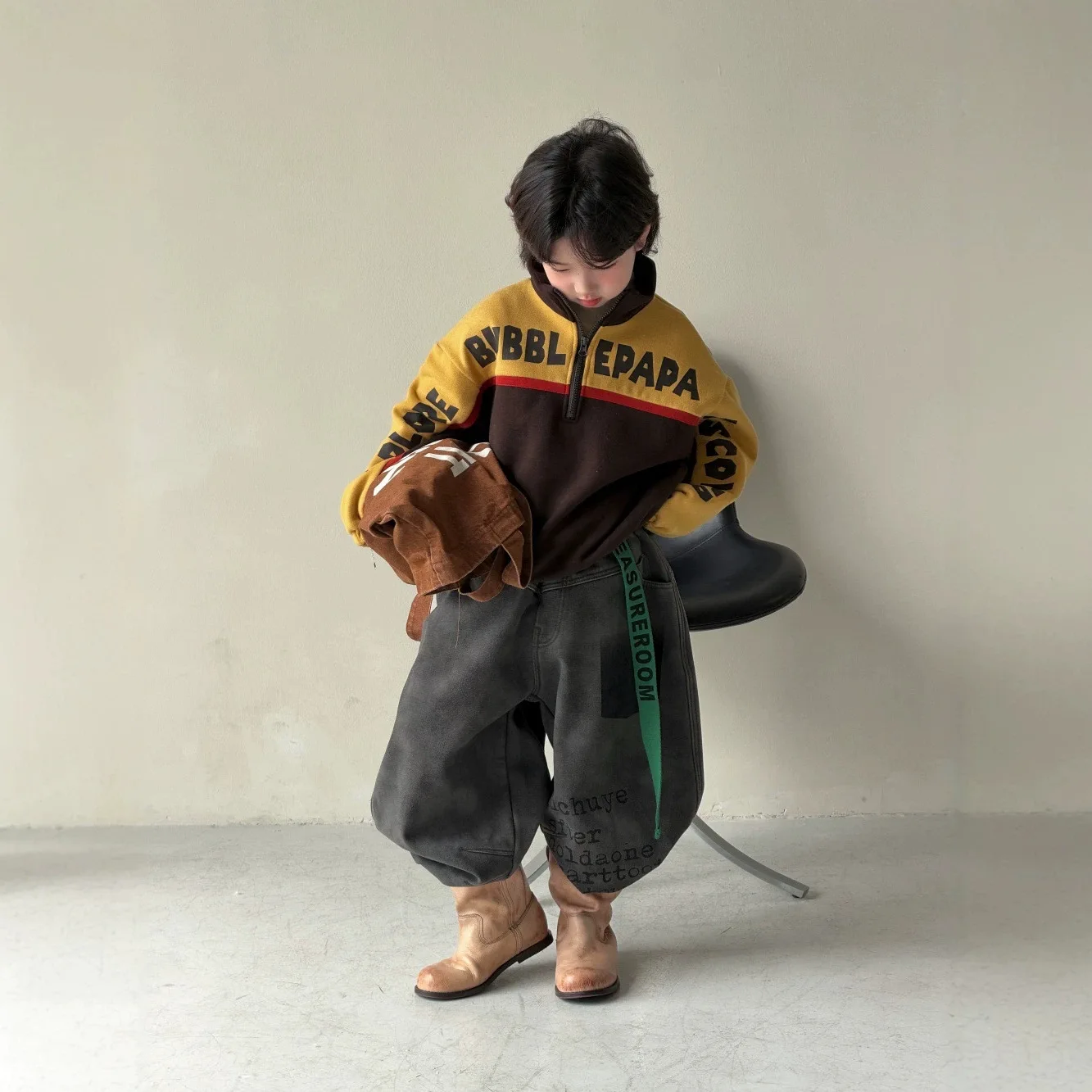 Children Coat 2026 Autumn New Korean Retro Boy Color Matching Zipper Coat Plus Velvet Stand-up Outerwear