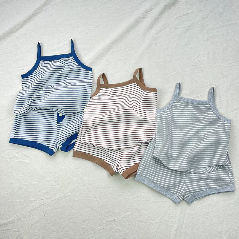 2026 New Summer Korean Style Toddler Baby Girl Boys Clothes Suit Sleeveless Striped Vest+Shorts 0-3Yrs Children Clothes Set