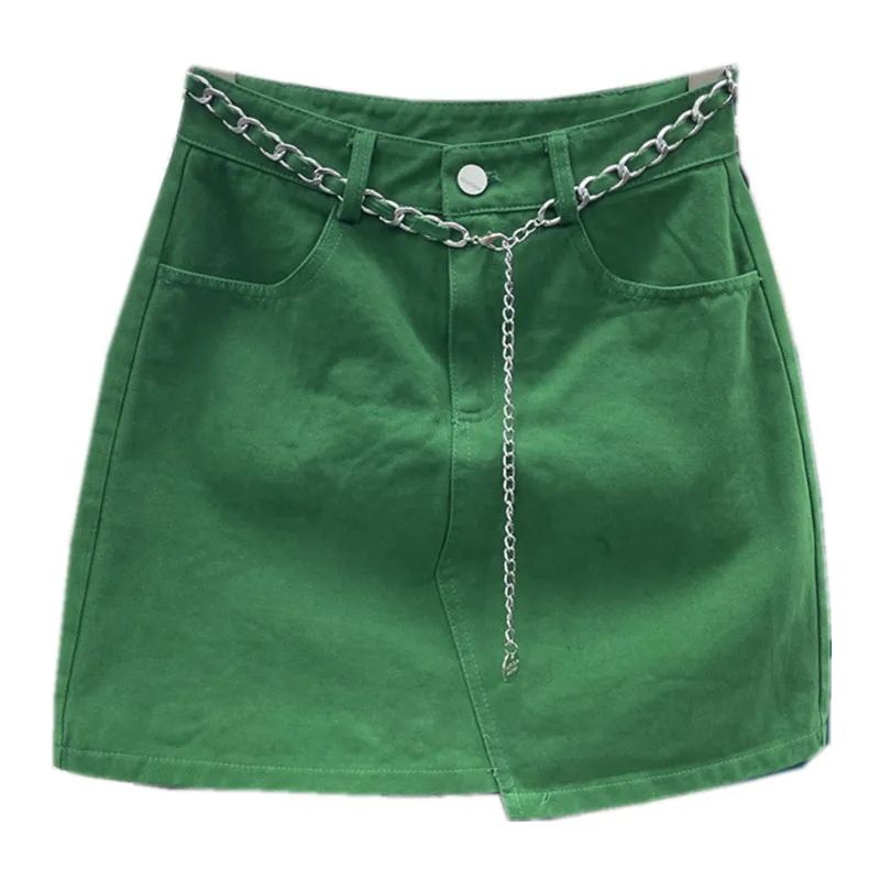 

Irregular Symmetrical Metal Chain High Waist Denim Skirt Women 2022 Summer New All-Match Bag Hip A-Line Skirt Female Tide s258