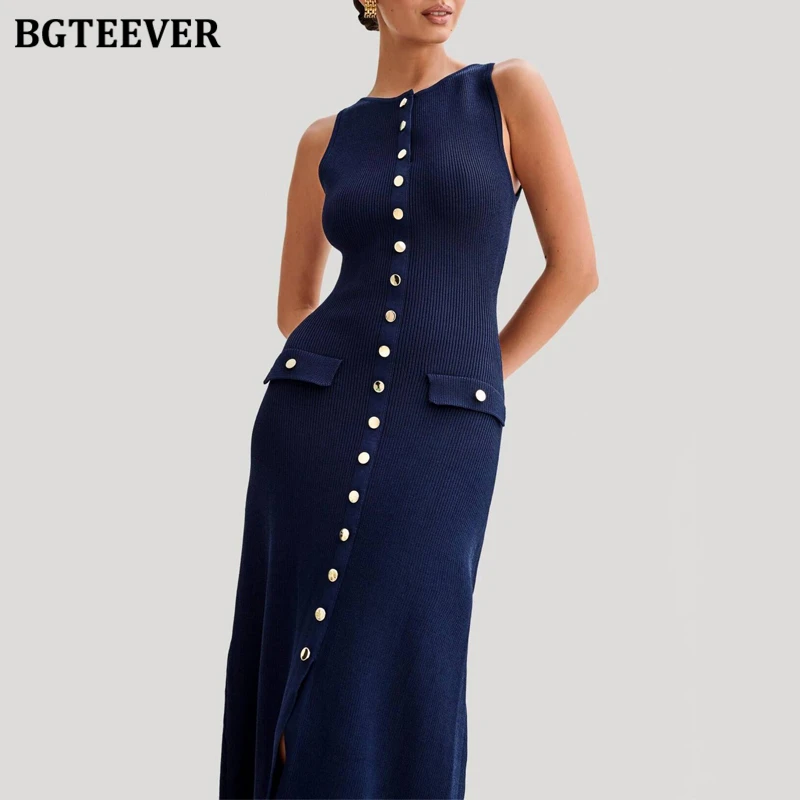 BGTEEVER elegante vestido de punto de un solo pecho con cuello redondo para mujer Primavera Verano vestido ajustado sin mangas para mujer
