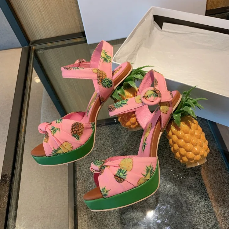 Women Pink Platform Sandals PineApple Chunky High Heels Summer Shoes Woman Ankle Strap Chaussure Femme Ladies Sandalias Stiletto