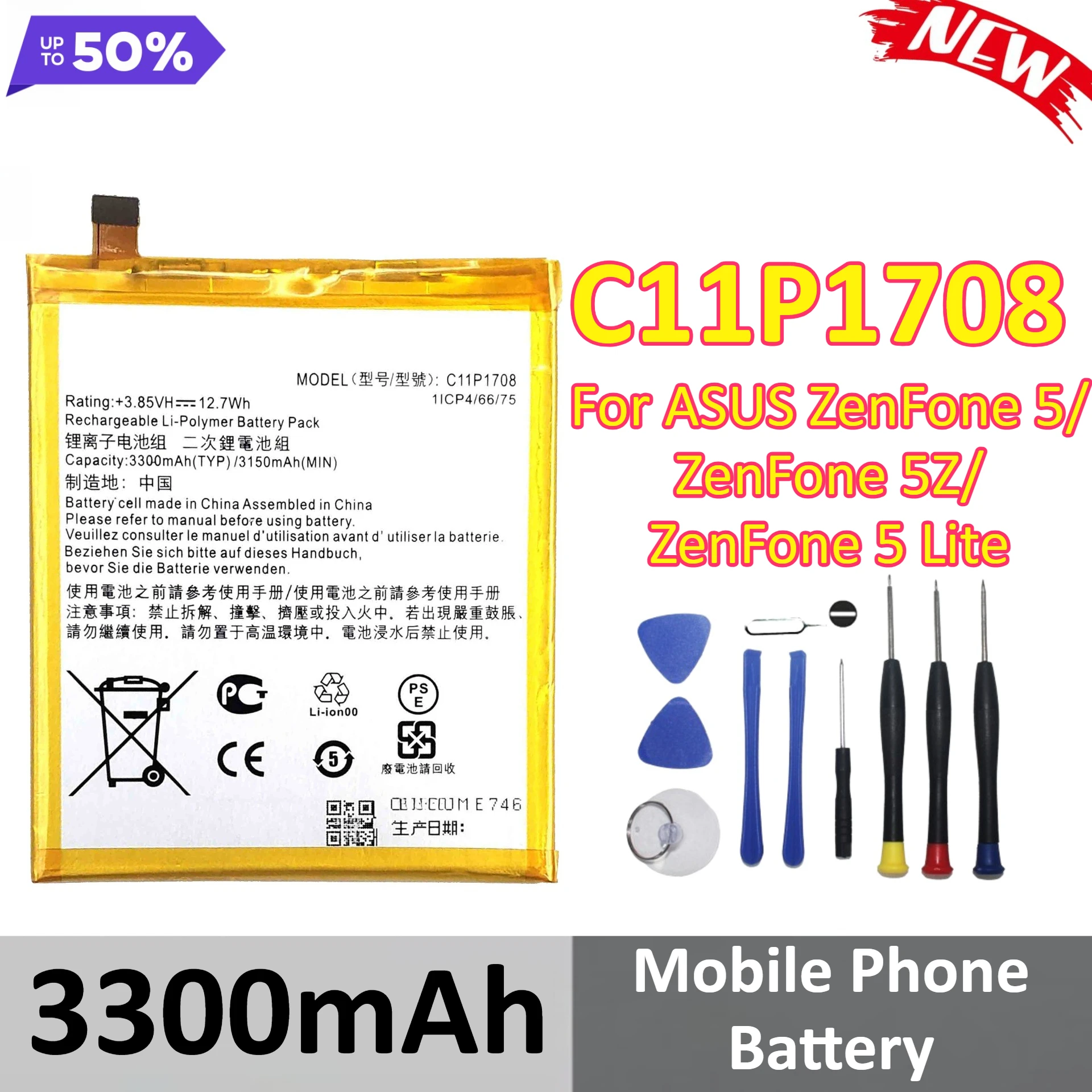 

3300mAh C11P1708 Mobile Phone Battery For ASUS ZenFone 5/ZenFone 5Z/ZenFone 5 Lite Replacement Battery + Tools