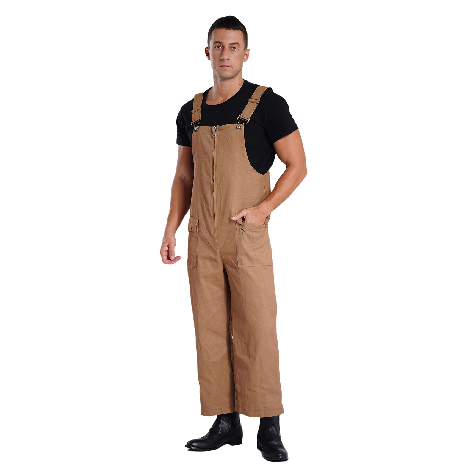 Work Causal Wear Jumpsuit Mens Solid Color Cargo Rompers Pockets Loose Straight Pants Jumpsuit Fashionable Dungarees Outfits