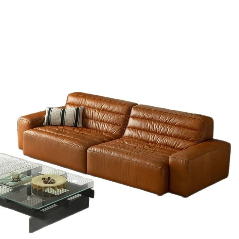 Retro oil wax leather sofa medium ancient Italian minimalist three-person leather art sofa