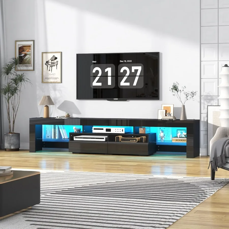 حامل تلفزيون LED 86.6 بوصة لتلفزيون 85/90/95 بوصة حامل تلفزيون أسود حديث لغرفة المعيشة مركز ترفيه تلفزيون عالي اللمعان مع 2 كبير