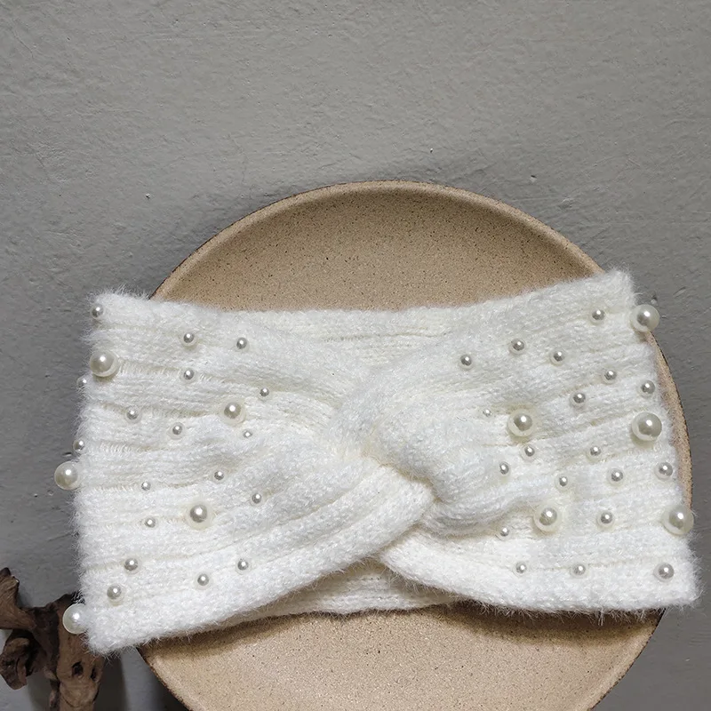 

Fashion Winter Women Pearl Headband Spiral Double Knitted Wide Hairband Hair band White Black Warm Headband For Women Girl