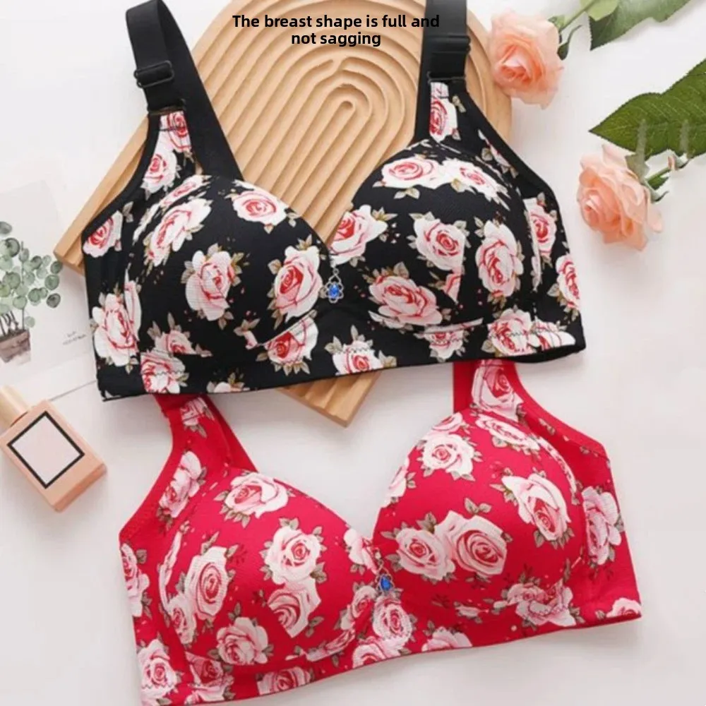 

Plus Size Elderly Mothers Flower Bra Rose Printed Shockproof Lace Women's Underwear Non Steel Ring Lingerie Wireless Deep V Bra