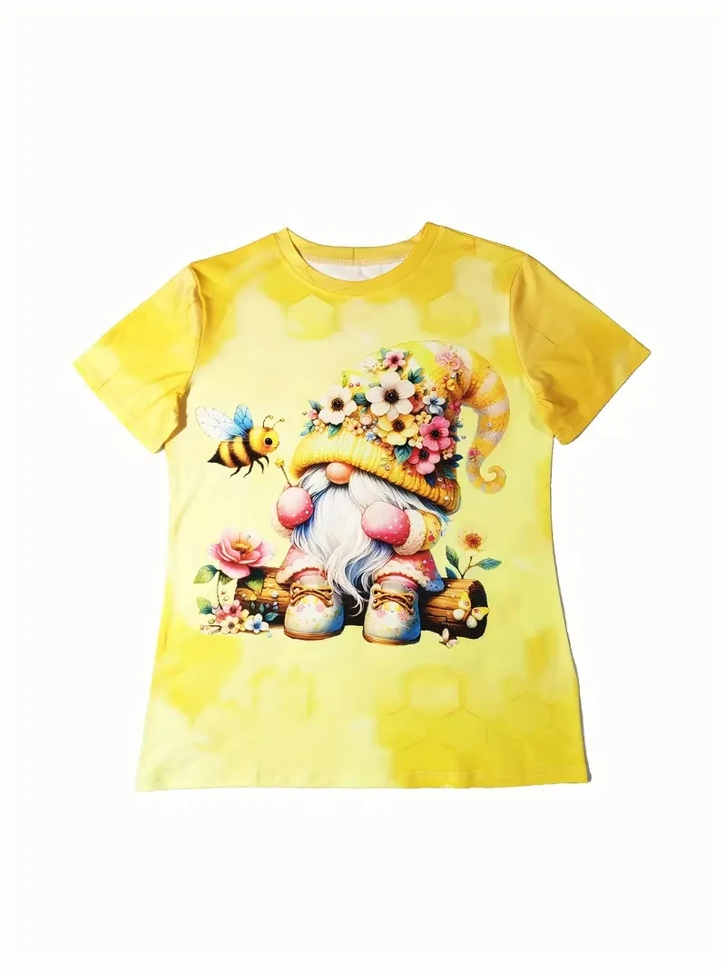 Women's PLUS Size 3D Yellow Printed Short Sleeved T-shirt, Loose and Casual, Soft, Comfortable and Breathable, Outdoor Sports