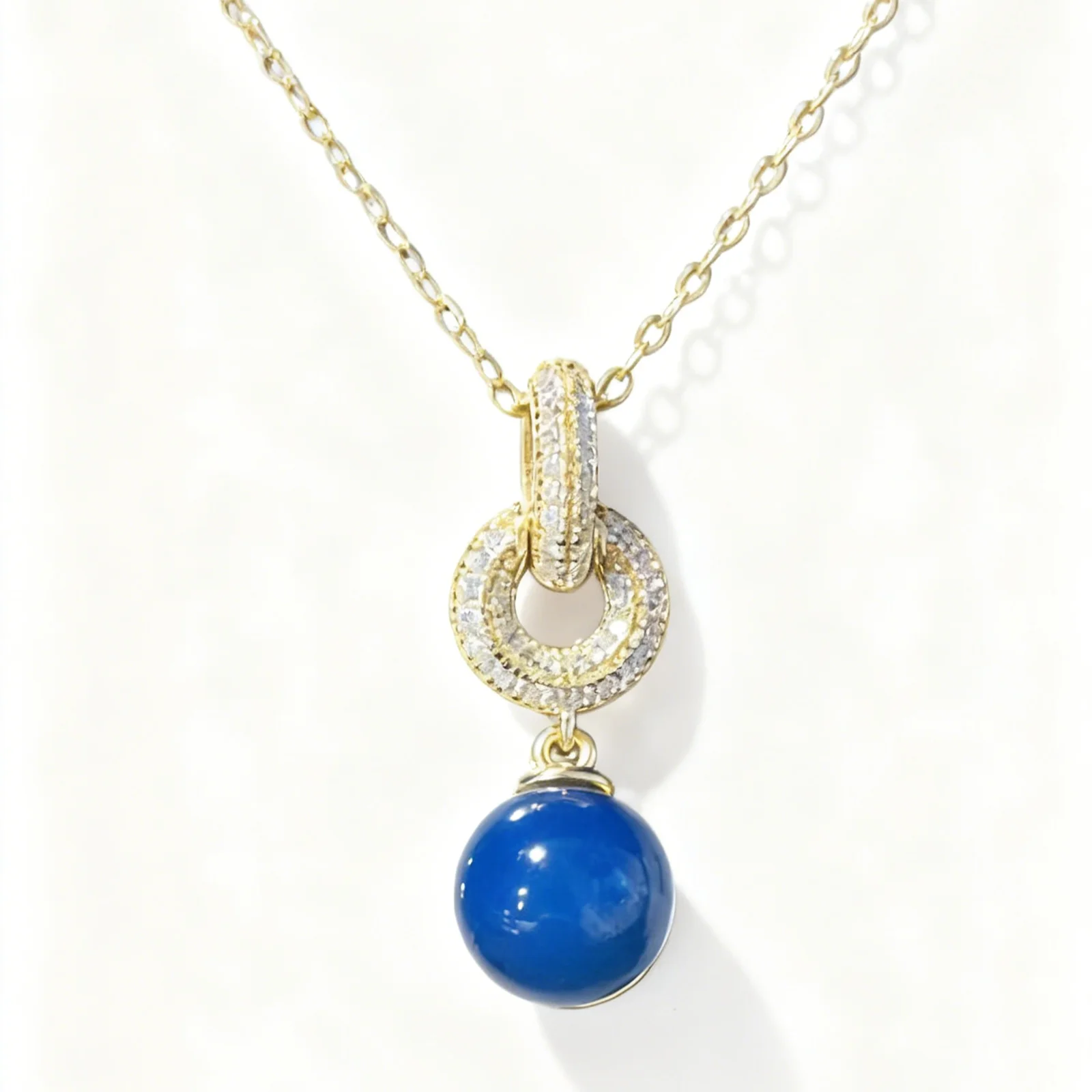 

Dominican Blue Amber Pendant Necklace 8mm Sterling Silver Double Ring Clasp Drop Bead Design Light Luxury Gift for Women