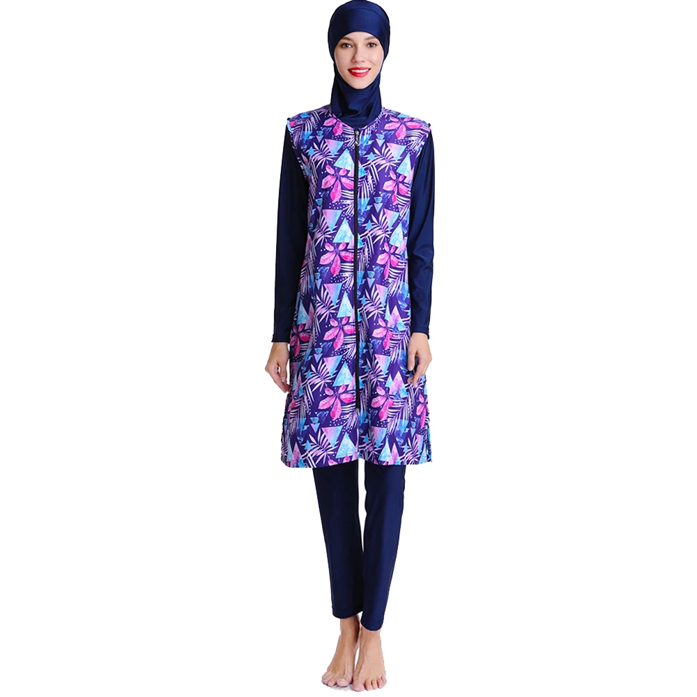 Burkini Purple Floral Swimsuit with Zipper Beachwear, All Cover, Beach Wear with Cap, Arabian Women\'s Swimwear, New, S-3XL, 3Pcs