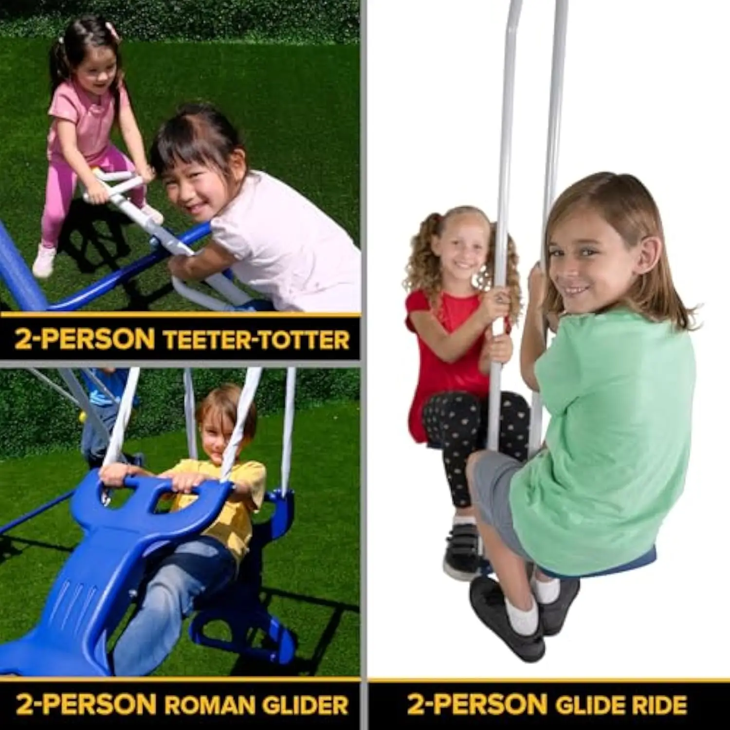 Super 9 Metal Swing Set: Teeter Totter, 2 Kid Glide Ride Swing/Roman Glider Swing, Standing Swing + Trapeze Bar, Blow Molded