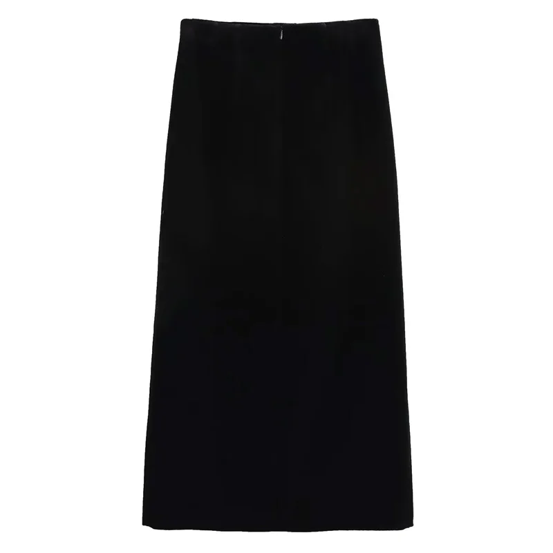 TRAF Womens Skirts Velvet Black Skirt High Waist Elegant Long Skirts For Women Slit Autumn Winter Midi Pencil Skirt Woman