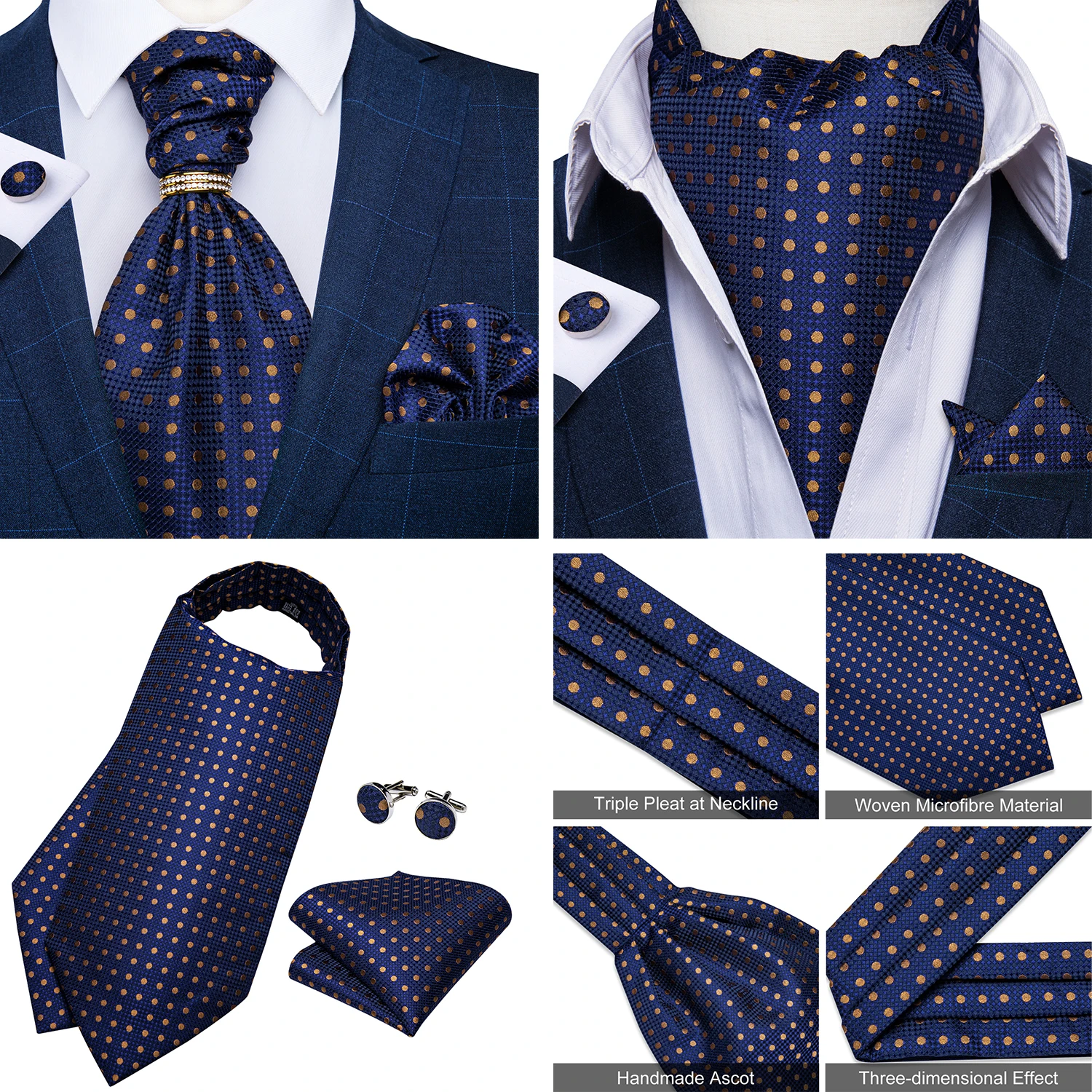 Luxury Men Green Blue Paisley Ascot Tie Set Solid Necktie Ring Wedding Party Cravat Purple Ties Pocket Sqaure Cufflink Free Ship