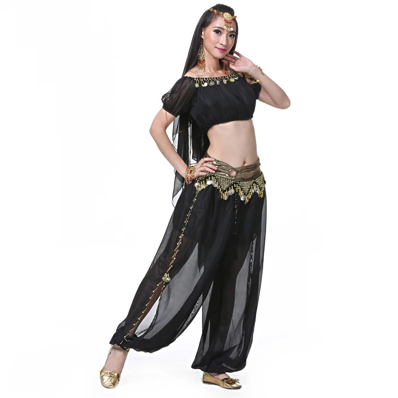 Belly Dance Costume Set Chiffon Coin Top+Lantern Pants Indian Dancewear Suit Women Adult Dancing Clothes 2/4 PCS Performance set