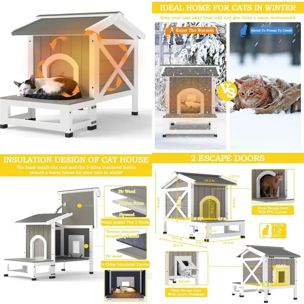 مأوى للقطط معزول للاستخدام الخارجي مع مخرج مزدوج للقطط الحرمية - مقاوم للعوامل الجوية وحماية لجميع المواسم