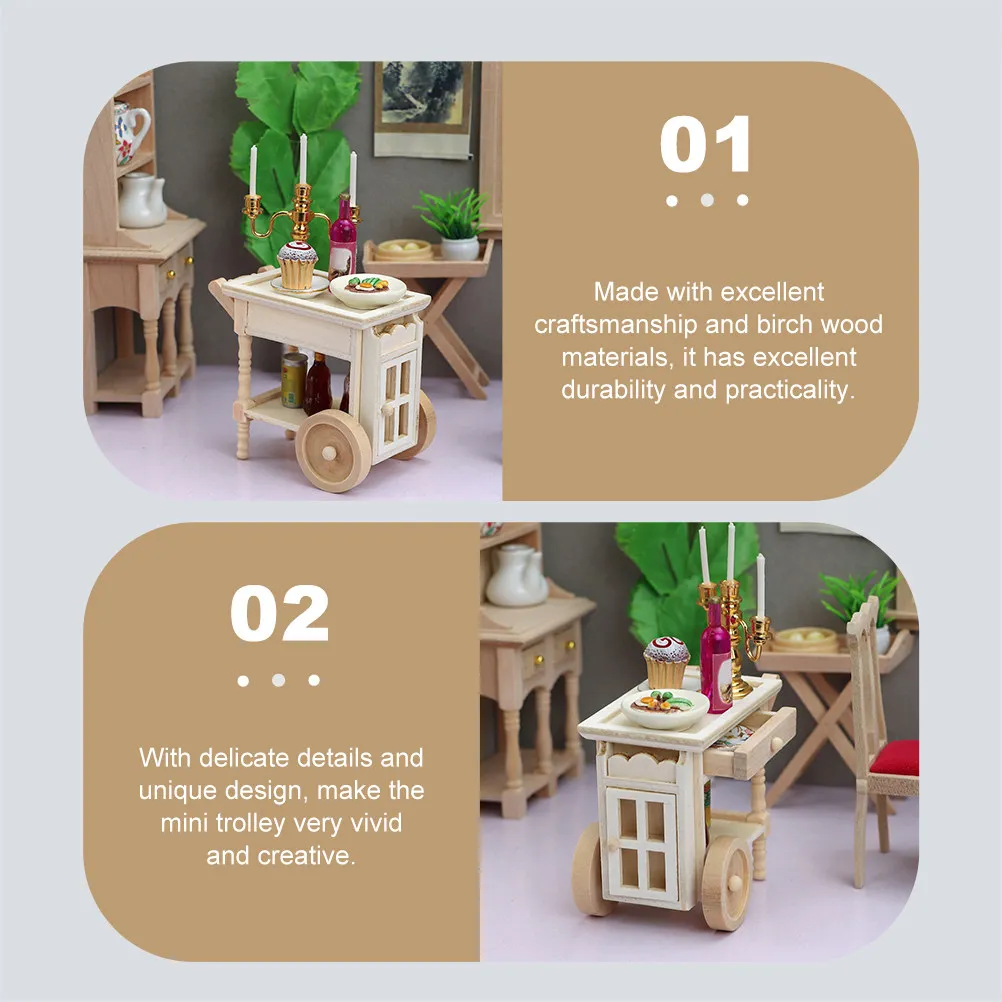 

Mini Birch Wood Trolley Ornament for Mini House Decoration DIY Crafts Kitchen Simulation Desktop Ornament Micro Scene Adornment