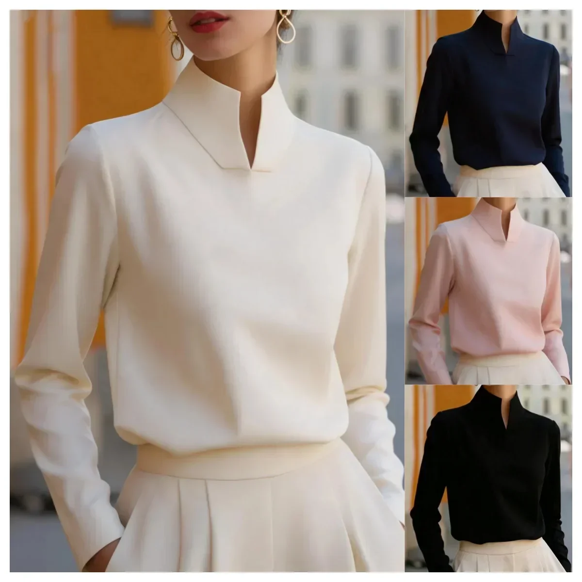 Damen Bluse mit Stehkragen und langen Ärmeln, elegantes Business- und Alltags-Hemd – Detail 2
