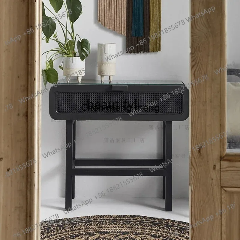 LHY26 ss Retro Bedside Table Rattan Decoration Dressing Table Small Makeup Holders Japanese Sofa Side Table Simple Modern furnit