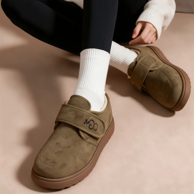 Women's Winter Fleece Inner Sole Loafers With Ultra-Fine Fiber Suede Upper And Velcro Thermal Cotton Lining Casual Outdoor Shoes