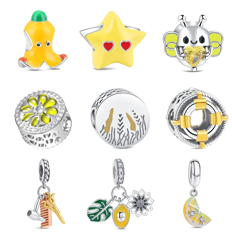 

2025 New 925 Sterling Silver Gold Color Yellow Series Banana Bee Charm Fit Original Bracelet Women Jewelry Gift DIY
