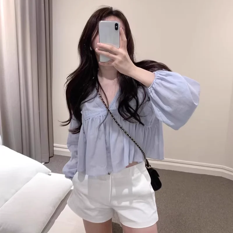 المرأة قميص الخريف جديد الخامس الرقبة الدانتيل المرقعة بلوزات طويلة الأكمام الكورية شيك الحلو لطيف الصلبة تنوعا بلوزات قصيرة