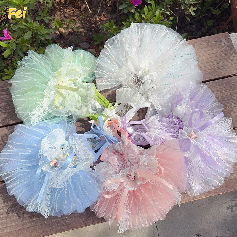 

Summer Candy Color Pink White Blue Pet Dog Clothes Fashion Lace Sequin Bow Tutu Princess Dress For Small Medium Dog Poodle Puppy