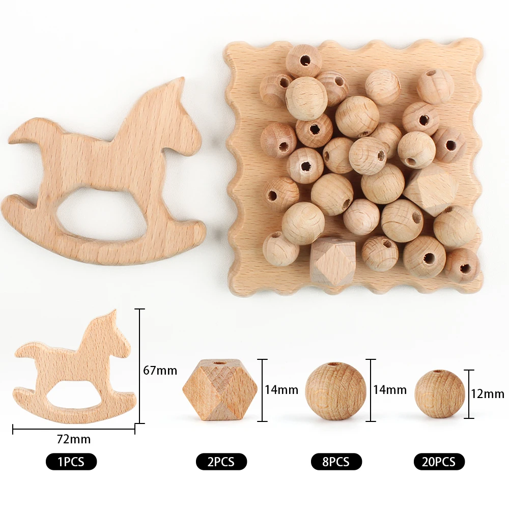 31Pcs/Set Baby Wooden Beads Teether Set Cartoon Animals Shape Natural Beech Wood Beads DIY Pacifier Chain Nursing Accessories