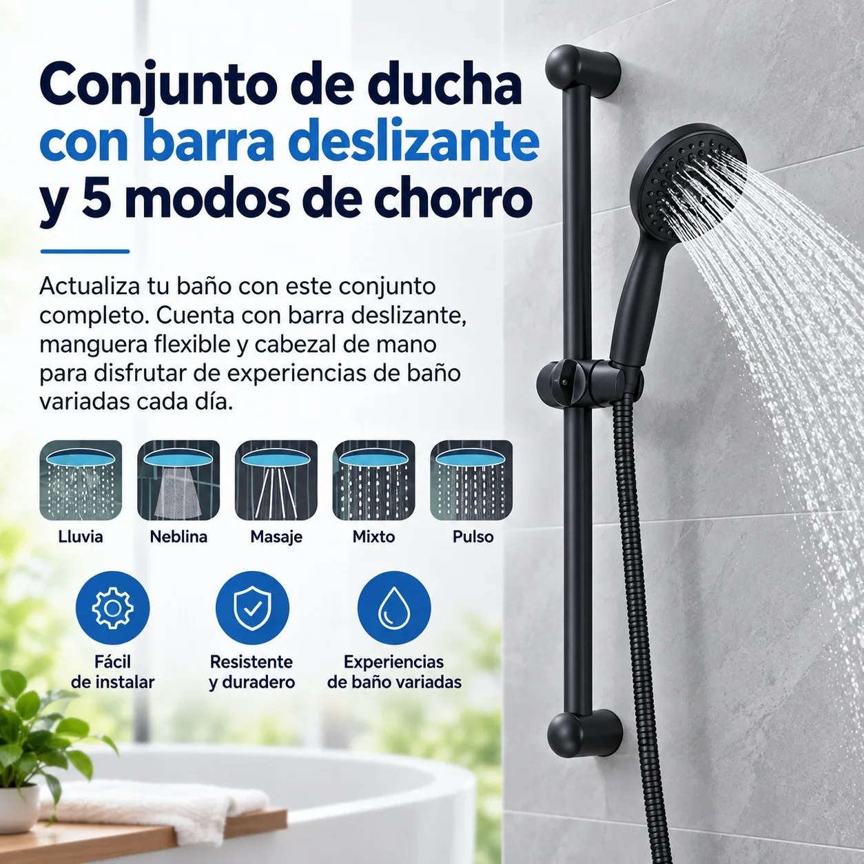 Conjunto de Ducha Negro Mate con Barra Deslizante de Acero Inoxidable de 59cm y Cabezal de Mano con 5 Modos de Chorro, Manguera Flexible de 2 Metros para Baño y Limpieza de Mascotas
