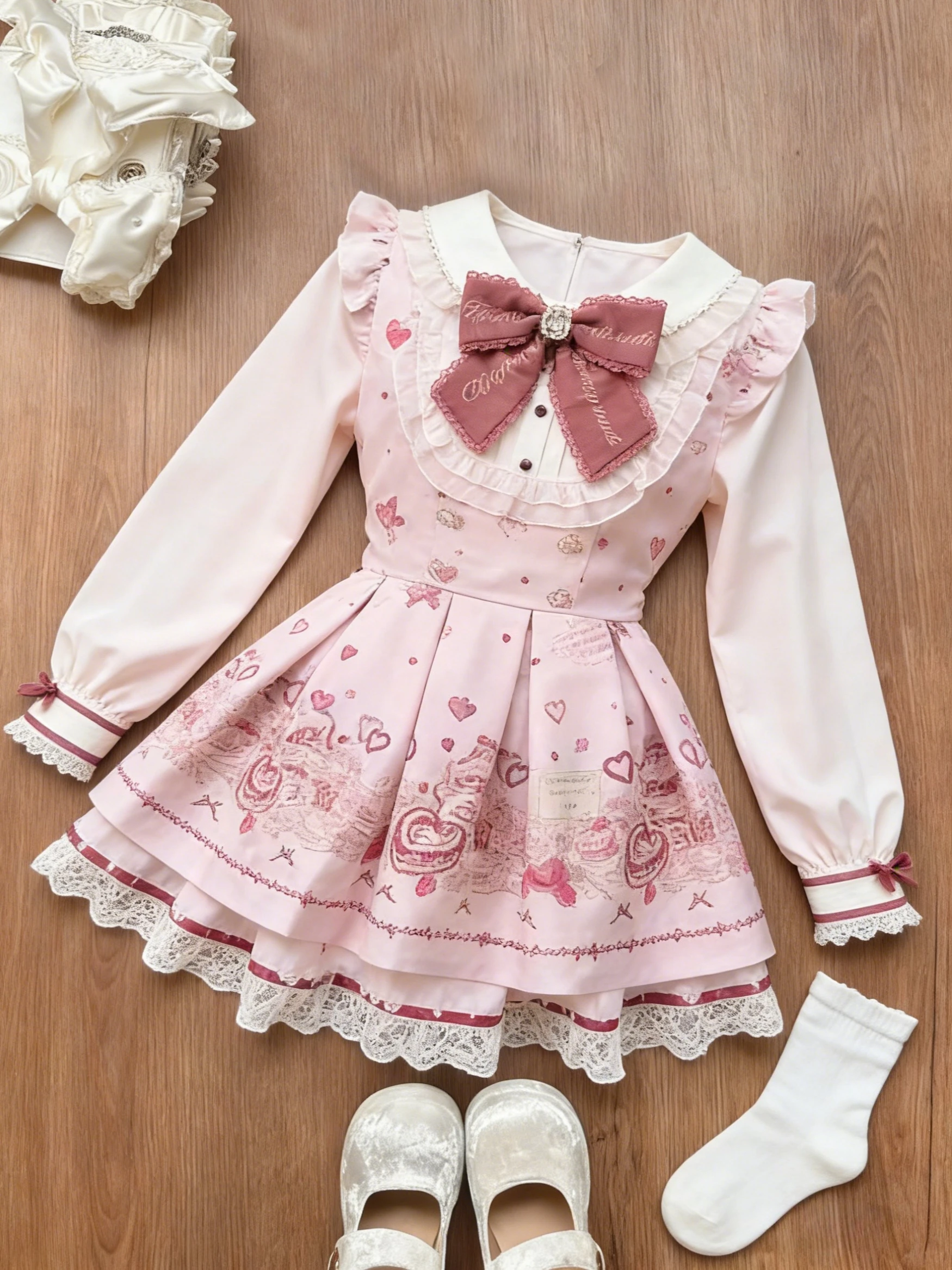 

Kawaii Two-Piece Sets Long Sleeve Top + Short Skirt Y2K Japanese Women Casual Sweet Cute Print Bow Patchwork 2026 New Arrival