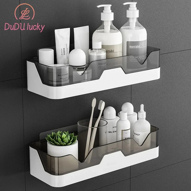 Organizador de estante de baño de plástico para montaje en pared, sin organizador de taladro, estante de almacenamiento para ducha, soporte para champú para inodoro