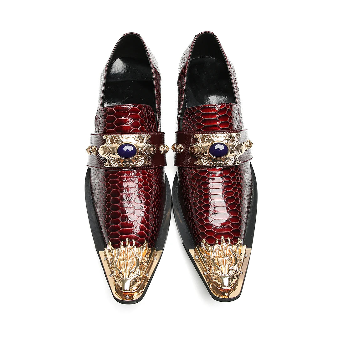 Herrenschuhe aus echtem Leder in Weinrot mit Schlangenmuster, goldener Tiger-Schnalle und violettem Edelstein-Dekor, urbanes Modeschuhwerk für Partys – Detail 12