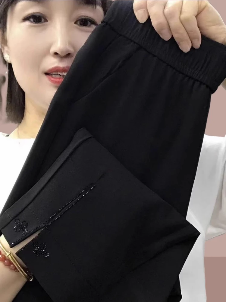 

Summer Casual Pants Women Middle-Aged Mom Flared Suit Pants Elastic Waist Slim Fit Nine-Piece Thin High Waist Korean Style