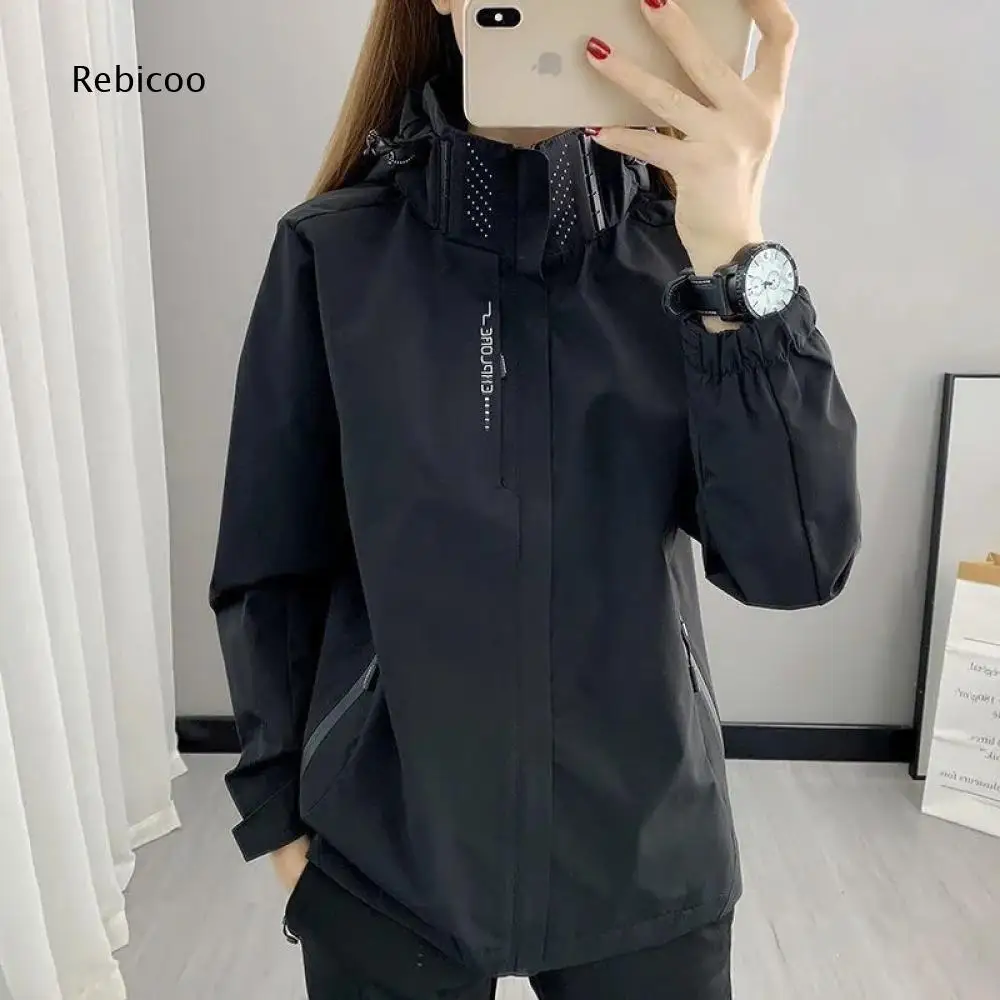 Hooded Multi Pockets Windproof Jacket Women Zip Up Drawstring Loose Outerwear For Mountaineering And Casual Outdoor Activities