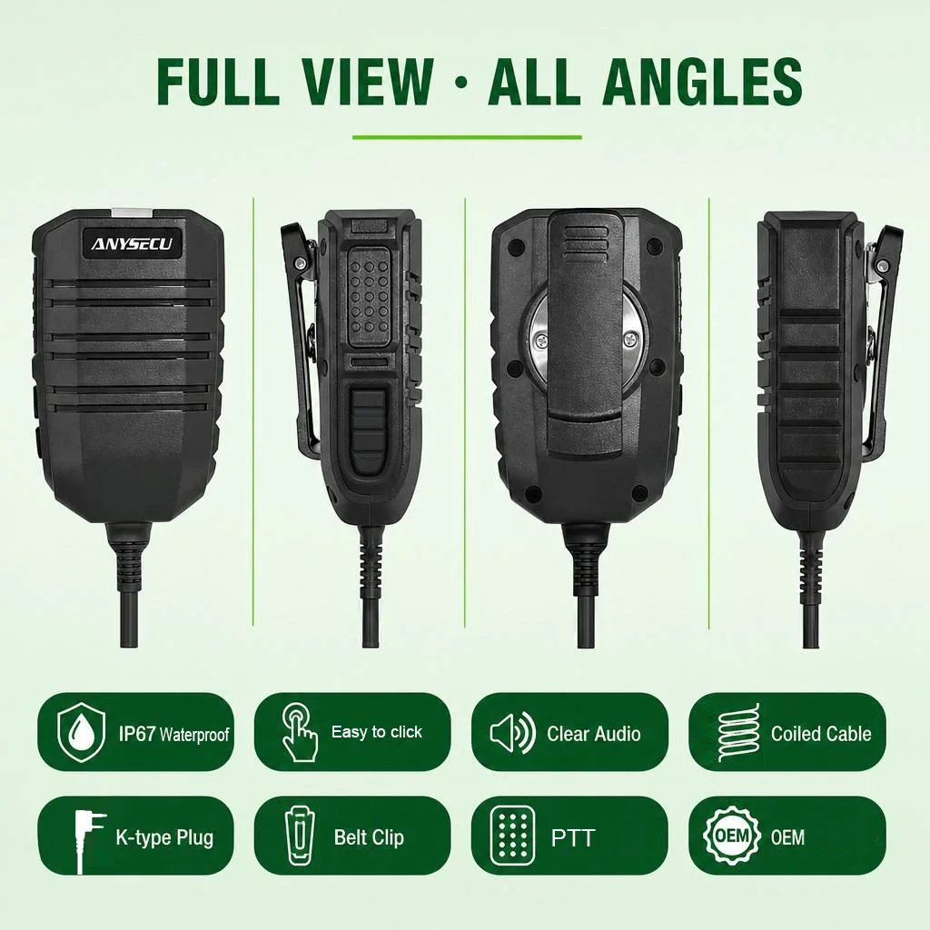 ANYSECU AC-S01 IP67 Waterproof PTT Speaker Mic K M Head Coiled Cable Shoulder Mic Two Way Radio Accessories for Ham Outdoor Use