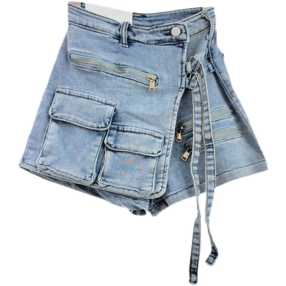 

Culottes Women Jeans Short Pants Streetwear Washed Distressed Mid Waist Skinny Pockets Skorts Female Summer Shorts Skirts
