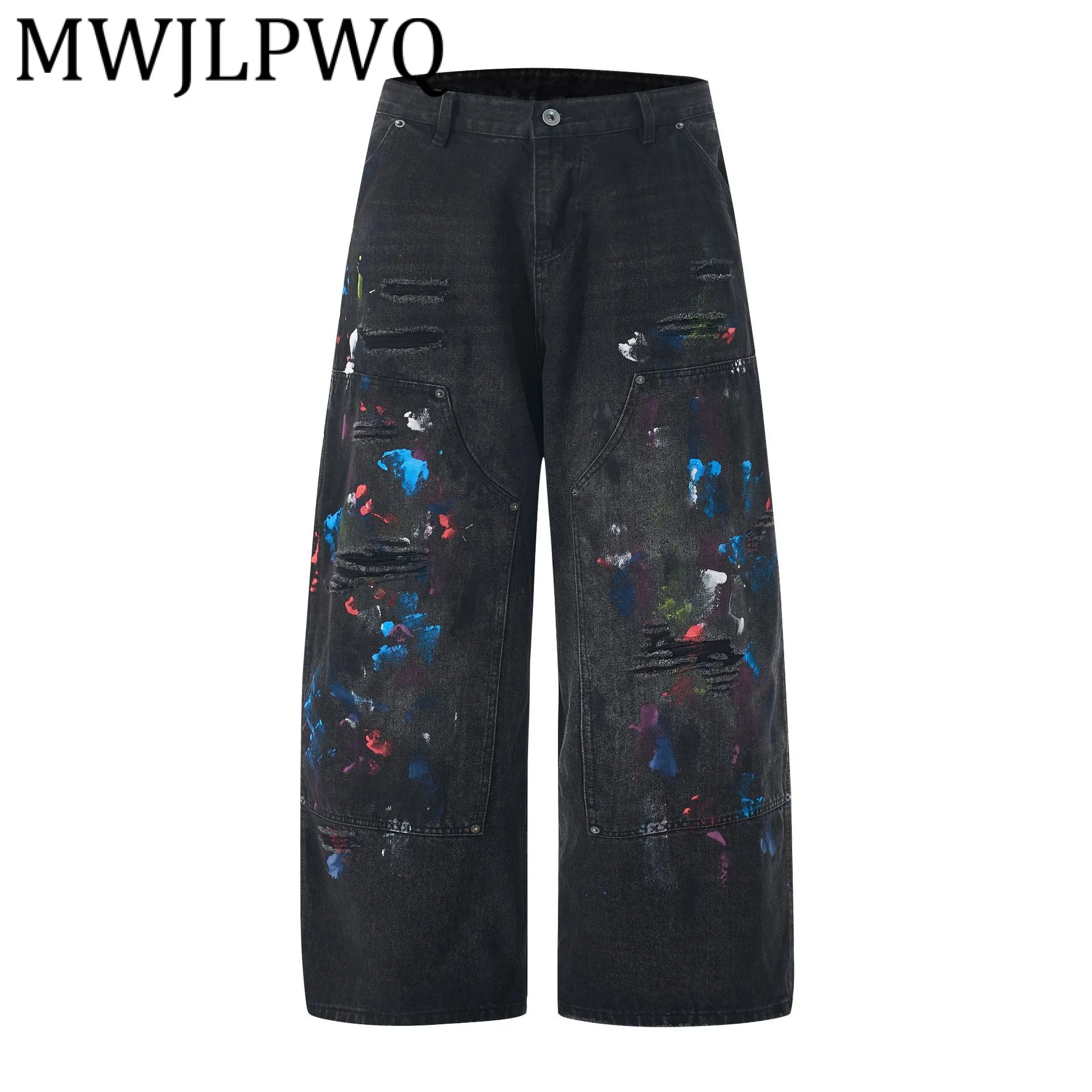 

MWJLPWQ Мужские черные прямые джинсы с граффити в американском стиле High Street, модные свободные рваные повседневные брюки с широкими штанинами 12298