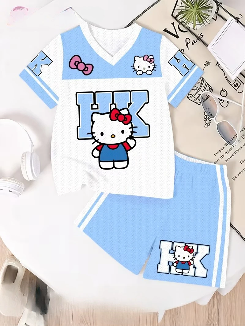 

2026 Trendy Hello Kitty Children's T-shirt Shorts Set Breathable 3DV Collar Adult Parent Child Outdoor Activities Daily
